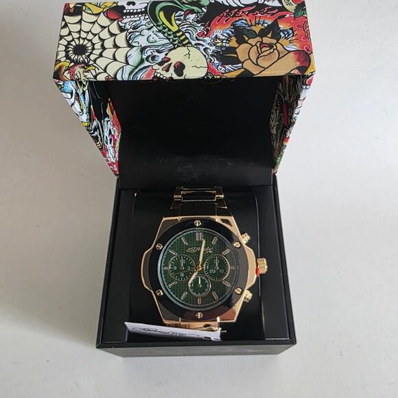 Ed Hardy Men’s Gold Tone Watch Green Dial Chronograph Style New With Box